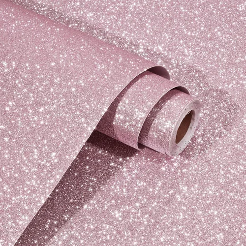 WESTICK Papel tapiz rosa con purpurina para pegar y despegar, papel de contacto con purpurina rosa para armarios y cajones, papel tapiz removible