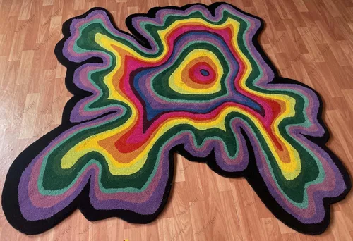 Miniatura 7 de Alfombra de forma irregular con patrón de ilusión copetuda a mano, 100% lana, hecha a mano (color multicolor, 4 x 4 pies)