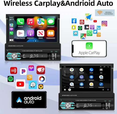 Miniatura 3 de Radio de coche de un solo DIN con Bluetooth, Carplay inalámbrico y Android Auto, pantalla abatible de 7 pulgadas, soporte estéreo retráctil