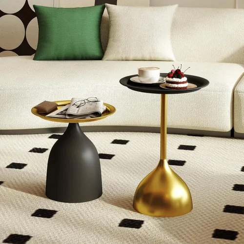 Miniatura 9 de Benkyo Mesas anidables negras con pedestal, juego de 2 mesas auxiliares anidables, mesa auxiliar redonda de metal, mesa de sofá moderna para sala