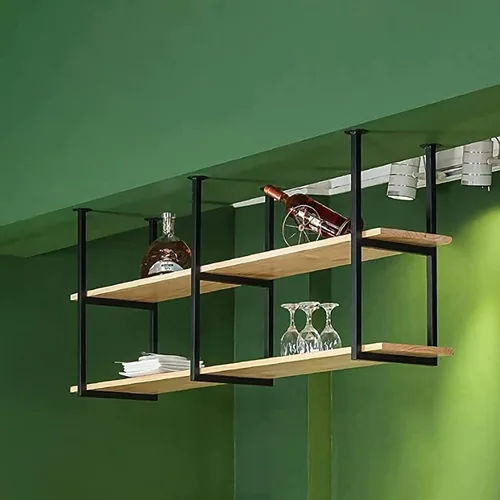 Miniatura 5 de Shelves Ceiling Shelf 2 Layer Ceiling Mount Storage Rack With Wooden Boards, Metal Display Stand, Restaurant, Bar, Cafe Hanging Decoration Storage