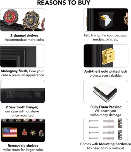 Miniatura 4 de Verani Vitrina para Exhibición de Medallas Paquete de 2 – Caja de Sombra para Exhibición de Monedas de Desafío Militar – Gabinete de Exhibición