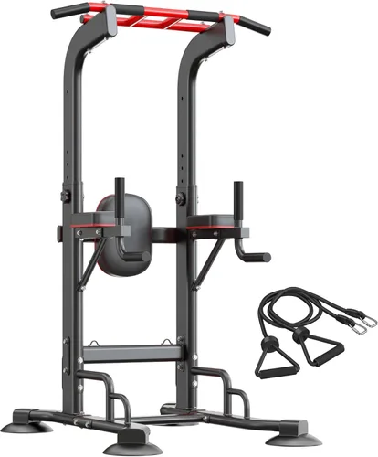 Miniatura 10 de SogesHome Barra de dominadas y estación de inmersión, equipo de gimnasio en casa ajustable resistente para entrenamiento de fuerza, barra de Negro
