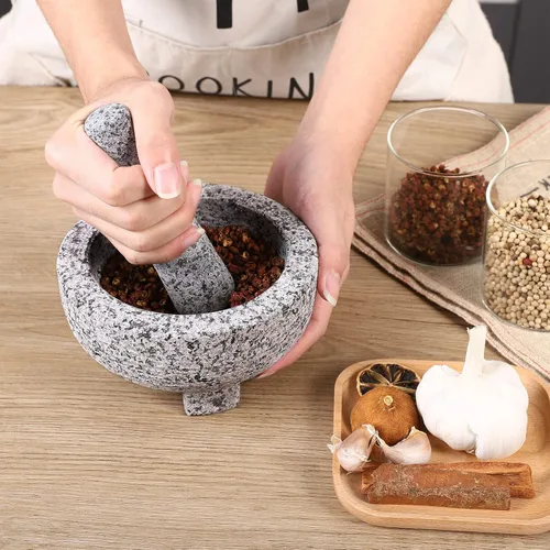 Miniatura 4 de Juego de mortero y mortero, tazón de molinillo de granito sin pulir de 6 pulgadas, 2 tazas para hierbas, pastas de pesto y condimentos, molinillo