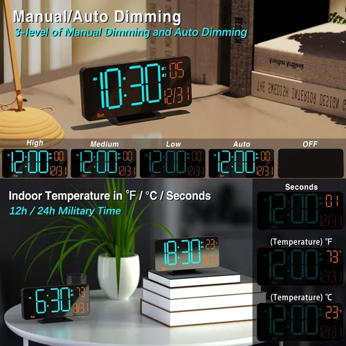 Miniatura 4 de KOSUMOSU Relojes despertadores para dormitorios, 6.7 pulgadas, pequeño reloj digital negro, LED, reloj despertador de escritorio con atenuación