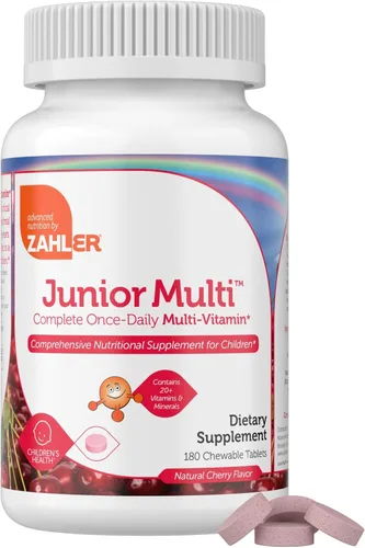 Miniatura 8 de Zahler, Junior Multi, Suplemento mineral y multivitamínico óptimo para niños, las más deliciosas tabletas masticables sabor cereza, color y sabor