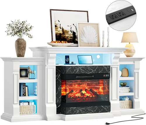 Miniatura 10 de LGHM Soporte de TV con Chimenea Eléctrica LED con Tomacorriente, Repisa de Chimenea de 72'' para TVs de hasta 80'', Centro de Entretenimiento Blanco