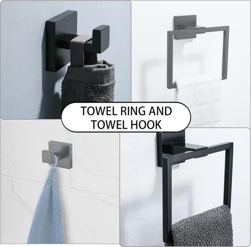Miniatura 3 de Juego de 4 soportes para toallas de baño, juego de accesorios de baño de acero inoxidable, montaje en pared, 23.6 pulgadas Negro mate