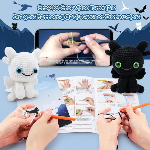 Miniatura 4 de Kit de ganchillo de dragón para principiantes, kit de 2 piezas de animales de ganchillo dragón blanco y negro con tutoriales en video paso a paso