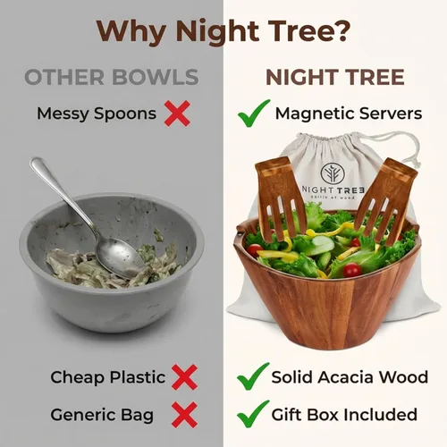 Miniatura 8 de Night Tree Ensaladera grande de madera con tenedores para servir, juego de ensaladera de madera para alimentos o frutas, utensilios magnéticos aptos