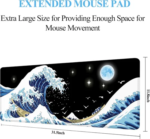 Miniatura 4 de Alfombrilla de mouse japonesa para juegos de olas marinas extendida, tamaño XXL, alfombrilla de escritorio grande de 31.06 x 11.8 pulgadas, para Sea