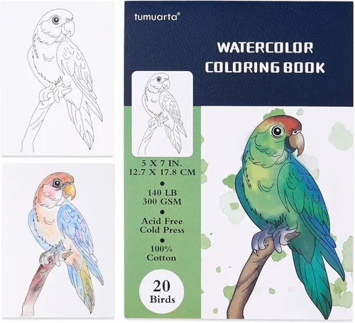tumuarta Libro para colorear de acuarela, 20 diseños únicos, 5 x 7 pulgadas, 100% algodón, 300 GSM, 140 libras, prensa en frío, papel de acuarela