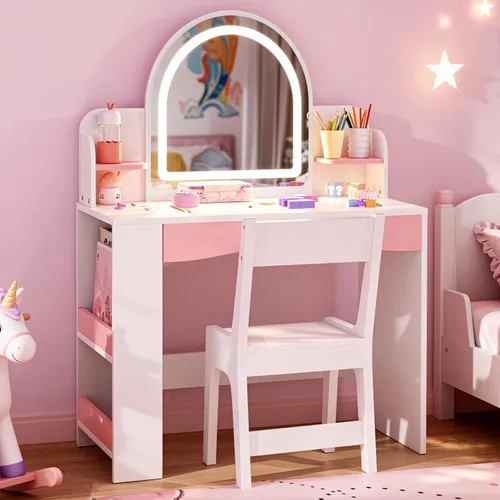 Miniatura 3 de Teckid Juego de mesa y silla para niños con luces, escritorio de tocador para niñas, tocador de maquillaje de princesa para niños con estantes