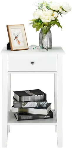 Mesita de noche blanca con cajón, mesa auxiliar, mesa auxiliar, mesita de noche simple con almacenamiento de estantes, estantería pequeña, estante