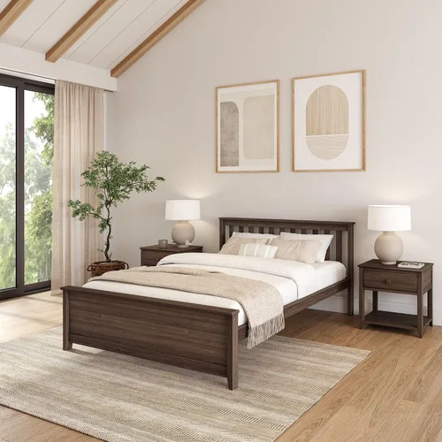 Miniatura 18 de Plank+Beam Estructura de cama individual de madera maciza, cama plataforma con cabecero, color nogal