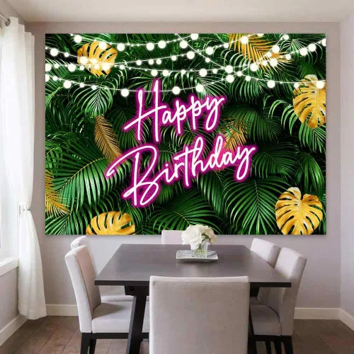 Miniatura 4 de Sensfun Fondo de fotos de hojas de palma tropicales hawaianas con texto en inglés "Happy Birthday" Aloha Luau Rosa Neón Cumpleaños Hojas Verdes