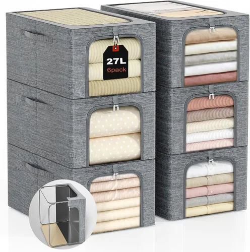 Miniatura 11 de GoMaihe Clothes Storage Bins with Metal Frame, 40L Sweater Storage Boxes for Above Shelf Closet, 4 Pack Stackable Clothing Storage Organizer with