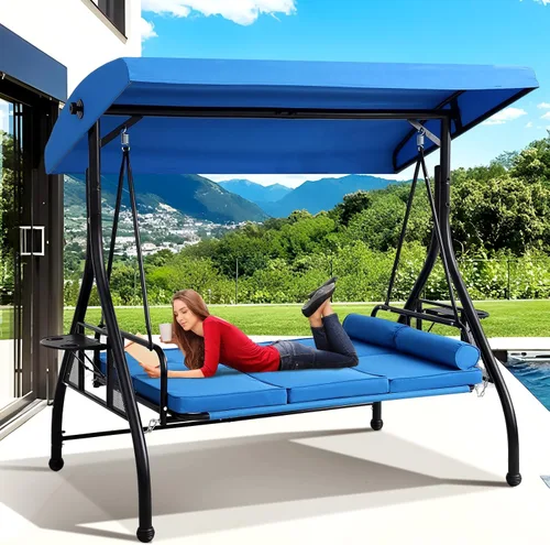 Miniatura 8 de Grepatio Columpio de porche para exteriores de 3 asientos con toldo ajustable, cama columpio convertible para 3 personas con soporte, columpio