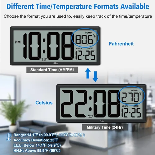 Miniatura 6 de WallarGe Reloj de Pared Digital con Retroiluminación Operado por Batería - con Temperatura y Fecha 14.5'' Reloj de Pared Digital Grande, Fácil