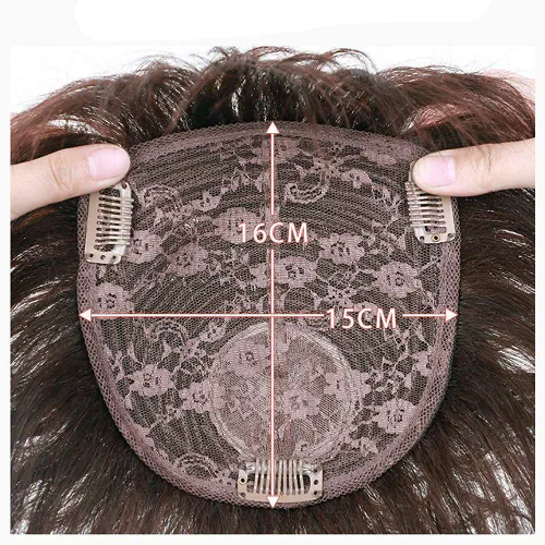 Miniatura 6 de Toppers de cabello humano con clip y flequillo, extensiones de cabello para mujeres con cabello delgado, 5.9 x 6.3 pulgadas, lacio, color marrón
