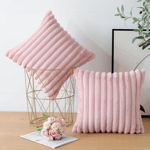 Miniatura 4 de Soleebee Juego de 2 fundas de cojines decorativos de terciopelo suave y acogedor, funda de piel sintética de conejo para sofá, cama, silla, Rosa