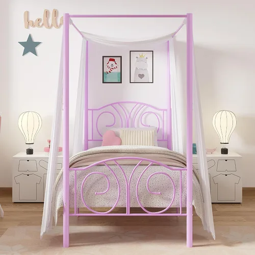 Miniatura 17 de VECELO Base de cama con dosel de metal, tamaño individual, base de colchón con plataforma de 4 pósteres con cabecero, soporte de listones de acero