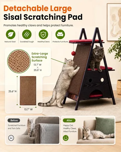 Miniatura 6 de Moderno árbol de madera para gatos de interior grande y adulto, 67 pulgadas de alto, varios niveles, resistente, condominio, muebles con cuevas