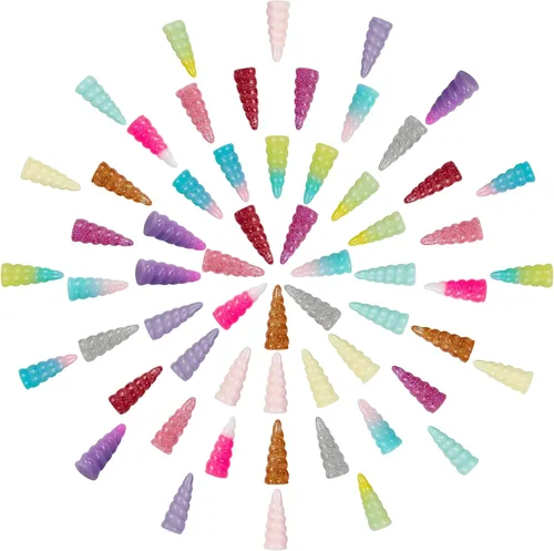 SUNNYCLUE 64 piezas de cabujón de resina de unicornio de 16 colores, coloridos dijes de cuerno en espiral de unicornio con purpurina en polvo, mini