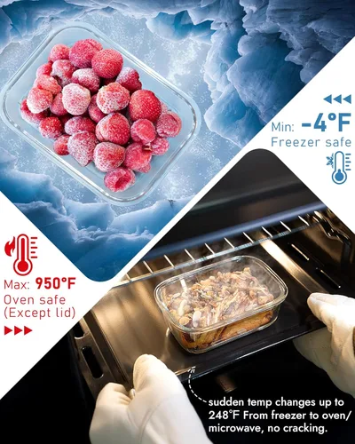 Miniatura 4 de Paquete de 12 recipientes de vidrio con tapas templadas, borosilicato, aptos para horno (-4 °F ~ 950 °F), herméticos, sin BPA, varios tamaños