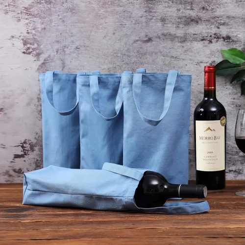 Miniatura 2 de Bolsa de vino, 10 x 7 x 2 pulgadas, 4 bolsas reutilizables de lona de algodón con etiqueta de cordón Azul