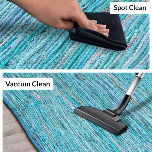 Miniatura 5 de HOMEMONDE Alfombra reversible de trapo de 2 x 6 pies, color verde azulado, de algodón suave, hecha a mano, estilo bohemio, decoración del hogar