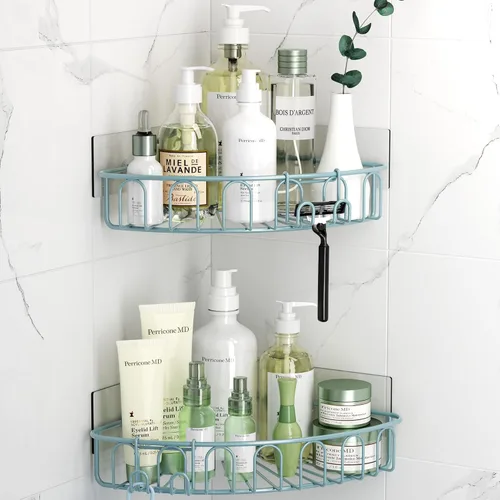Miniatura 14 de Orimade Organizador de ducha esquinero con 2 ganchos montado en la pared de metal para baño, organizador de almacenamiento, adhesivo, sin Negro mate
