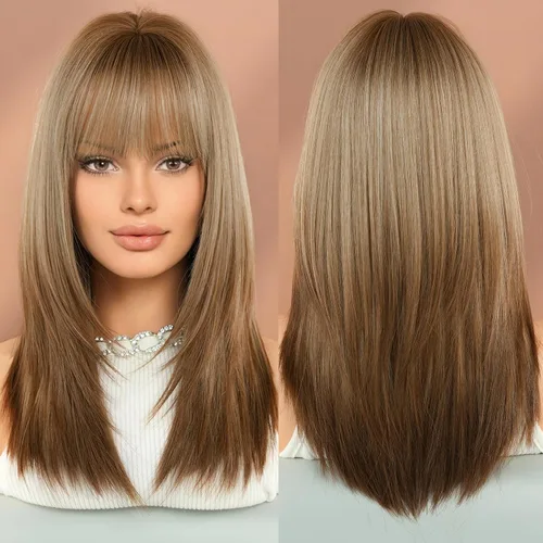 Miniatura 4 de 7JHH WIGS - Peluca de 20 pulgadas de cabello largo y liso con flequillo y corte en capas, tinte natural con cola de cabello marrón y raíces