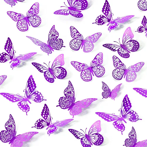 SAOROPEB - Calcomanía de mariposa 3D para pared, 48 piezas, 4 estilos, 3 tamaños, extraíble, mariposa morada para decorar cumpleaños, fiestas y