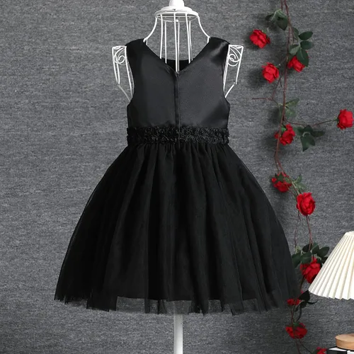 Miniatura 9 de OPAWO Vestido negro para niña pequeña, dama de honor, 3D, tul de encaje, vestido de princesa de satén, vestido de fiesta, concurso, funerario