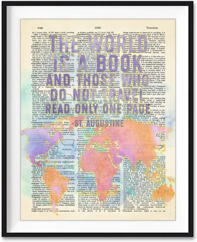 Cartel decorativo de pared con cita de San Agustín, con texto en inglés «The World Is a Book and Those Who Do Not Travel» («The World Is a Book and