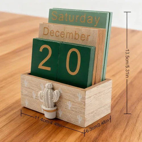 Miniatura 3 de Notakia Calendario perpetuo, calendario de madera para oficina en casa, accesorios de escritorio, calendario vintage de bloques de madera (verde)