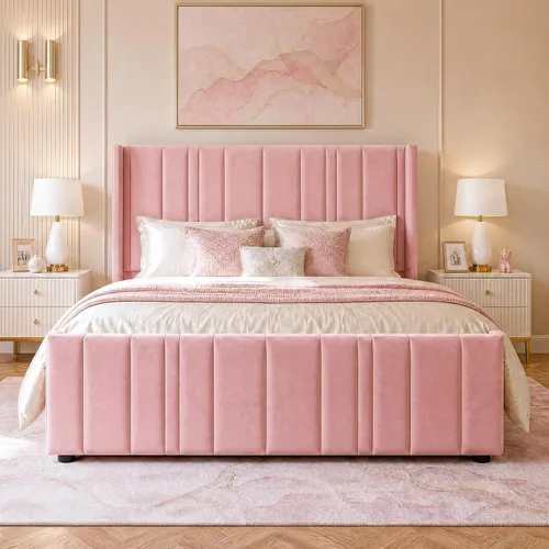Miniatura 10 de HOMBCK Marco de cama tamaño matrimonial, plataforma tapizada en terciopelo, con cabecero y estribo de canal vertical, listones de madera, sin ruido