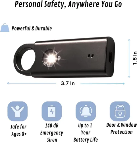 Miniatura 8 de VOLTEK Alarma personal de metal para mujer (negro) – Llavero de alarma de seguridad de autodefensa de 140 dB, alarma de emergencia recargable USB-C