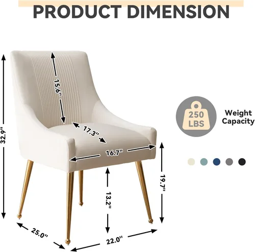 Miniatura 3 de Sillas de comedor modernas, sillas de comedor tapizadas en terciopelo con patas doradas, juego de 2 sillas de acento con capitoné para sala de Beige