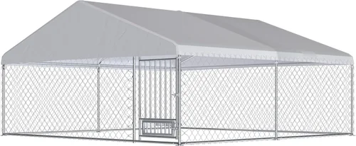 Miniatura 9 de 10FT x 10FT Outdoor Dog Kennel with Roof, Outside Dog Run Fence with Rotated Dog Bowls, Large Dog House Pen Enclosure with Secure Lock&Textilene Door