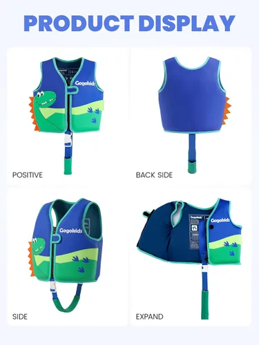 Miniatura 8 de Gogokids Chaleco de natación para niños de 1-2-3-5-7-9 años, chaqueta de natación de neopreno para niños con correa de seguridad ajustable y Azul