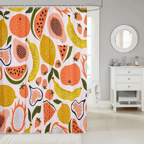 Miniatura 2 de Cortina de ducha de frutas y sandía, juego de cortina de ducha para niños y adultos, bonita cortina de baño de papaya, limón, pitaya, caricaturas