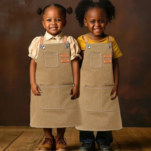 Miniatura 3 de Delantales ajustables para niños, herramienta impermeable para cocinar, pintura, jardinero, lienzo delantal para niñas y niños de 6 a 12 años Marrón