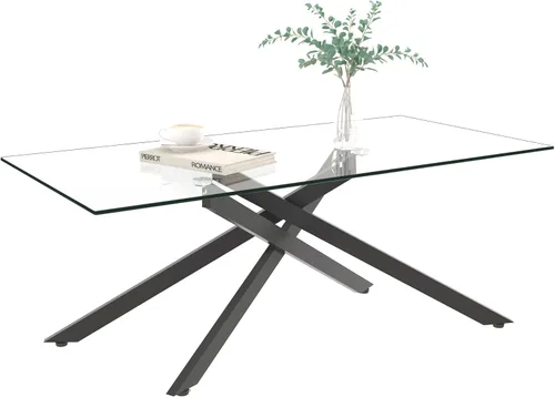 Miniatura 6 de Henf Mesa de centro rectangular moderna de vidrio transparente de 47 pulgadas, mesa de centro rectangular de vidrio templado para sala de estar