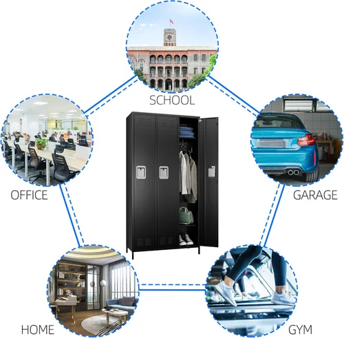 Miniatura 7 de METAN Armario de metal para escuela, oficina, gimnasio, dormitorio, armario de almacenamiento de acero de 3 puertas para empleados, armario