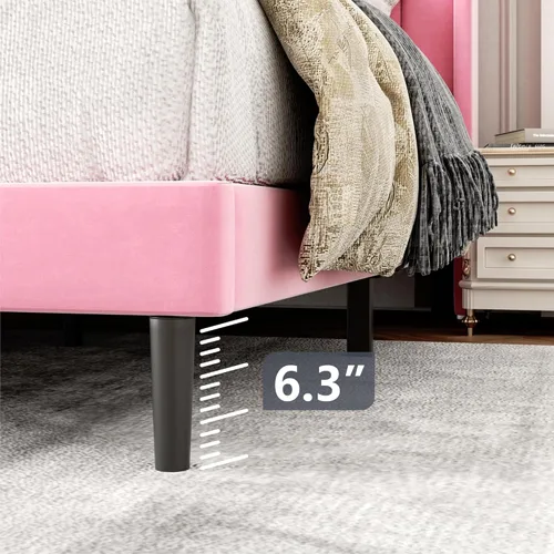 Miniatura 5 de Gruwans Marcos de Cama Tamaño Doble con Cabecera con Respaldo de Ala, Marco de Cama Plataforma de Fácil Montaje, Soporte de Listones de Madera Rosado