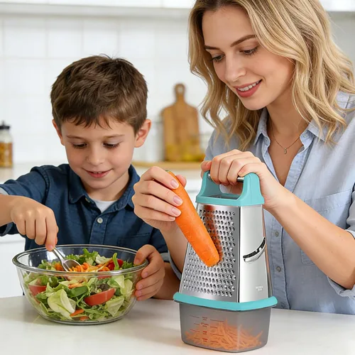 Miniatura 2 de Ourokhome Rallador de queso con asa, rallador de caja de acero inoxidable, triturador de verduras de cocina de 4 lados con recipiente para Couating