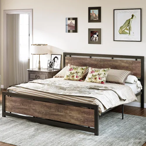 Miniatura 3 de LIKIMIO - Base de cama tamaño King con cabecero y pie de cama, soportes metálicos resistentes, fácil montaje, libre de ruidos, no necesita somier