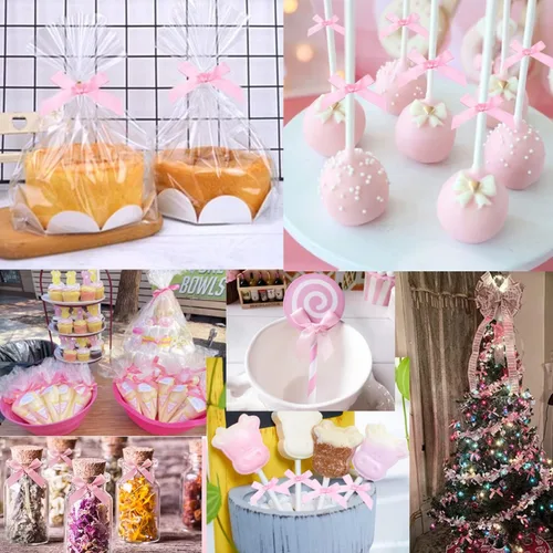 Miniatura 5 de 100 lazos rosados de 3 pulgadas para bolsas de golosinas, lazos de satén torcido, lazos preatados con alambre, lazos de cinta con lazos giratorios